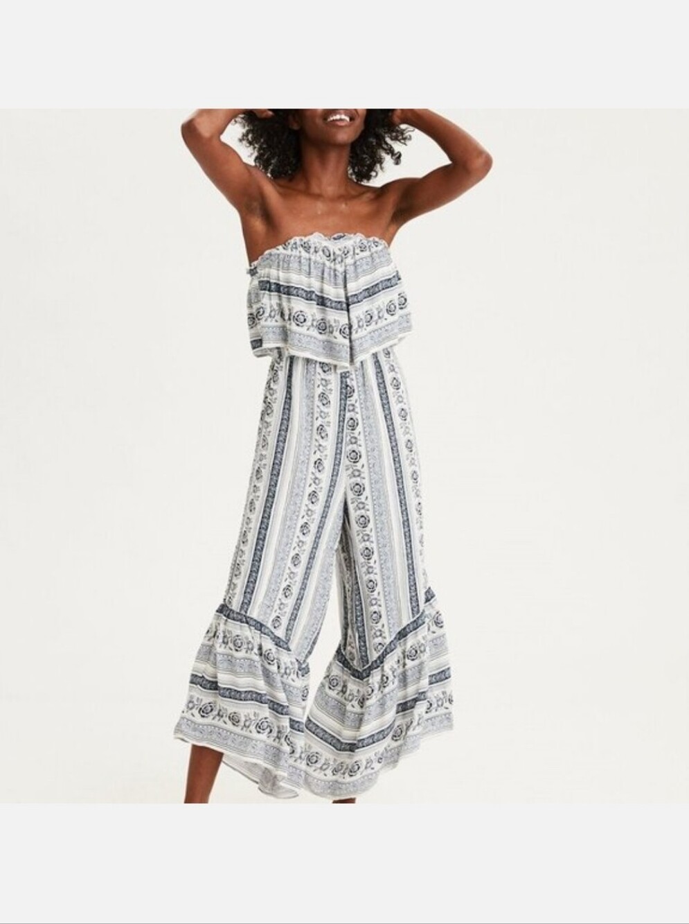 American Eagle Tube Top Strapless Wide- Leg Jumpsuit Festival, Boho Chic Sz.S